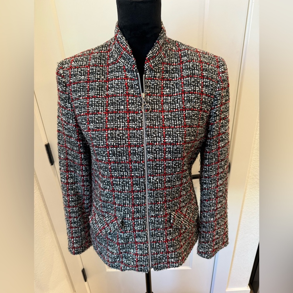 Sport Collection Tweed Zip Front Jacket Blazer Red Black White Plaid Size 6